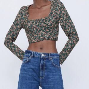 Zara Green long sleeve Floral Crop Top Small
